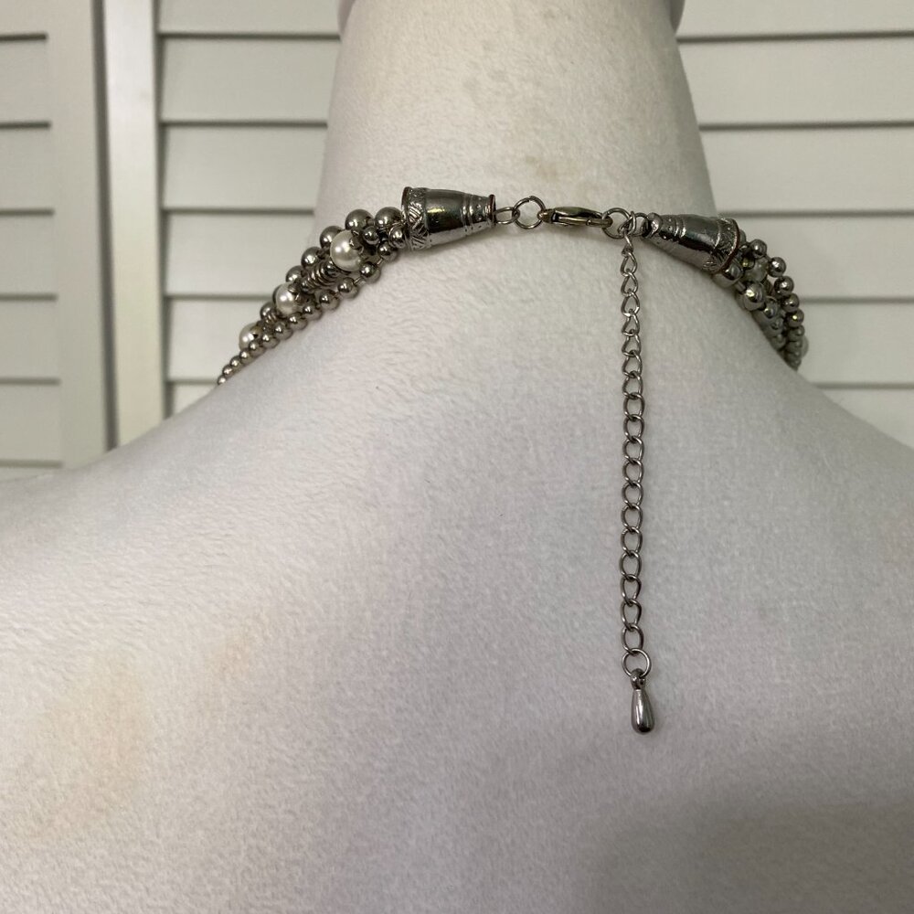 Vintage 70s Statement Necklace with Silver Toned & Faux Pearl Beads 34" #391 - Picture 4 of 5